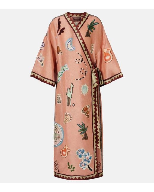 ALÉMAIS Pink Linen And Silk-Blend Wrap Midi Dress
