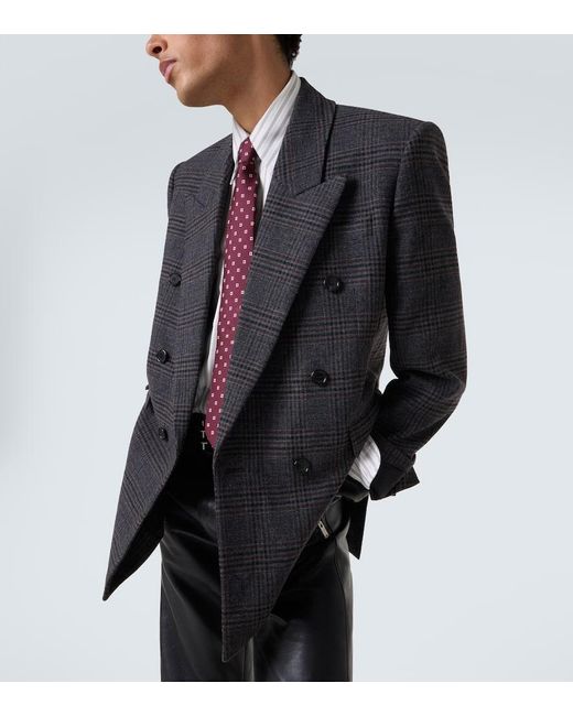 Saint Laurent Blue Checked Wool And Cashmere Blazer for men