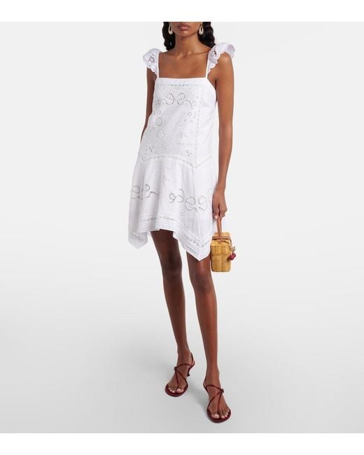 Self-Portrait White Embroidered Linen And Cotton Poplin Minidress