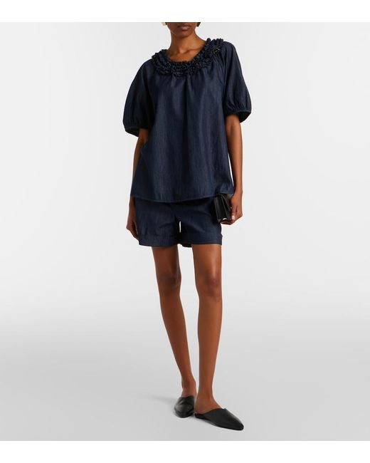 Max Mara Blue Embellished Ruffled Denim Blouse
