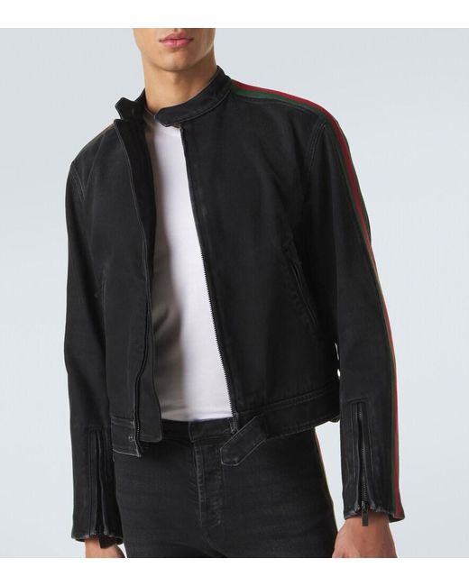 Gucci Black Web Stripe Denim Biker Jacket for men