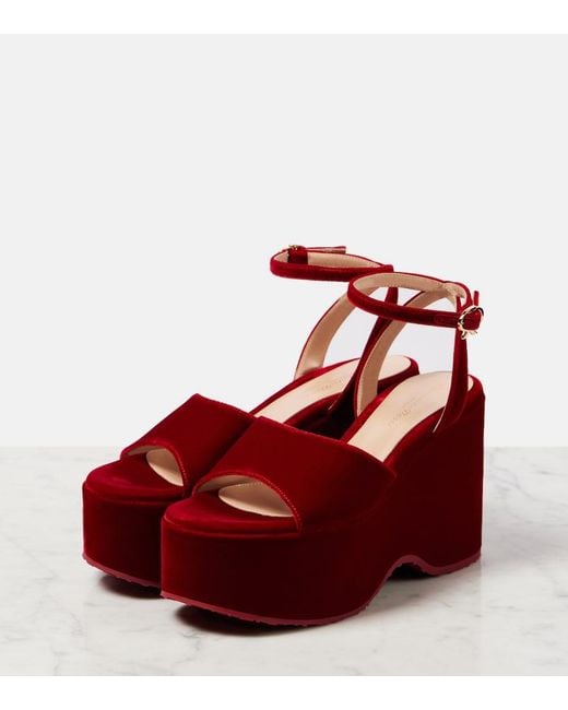 Gianvito Rossi Red Velvet Wedge Sandals