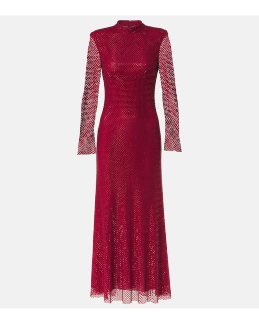 Self-Portrait Red Embellished Fishnet Midi Dress