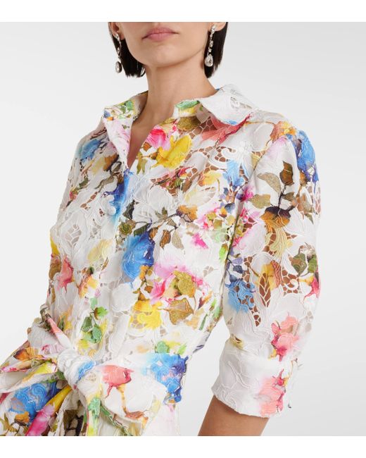 Monique Lhuillier Blue Floral Silk-blend Lace Shirt Dress