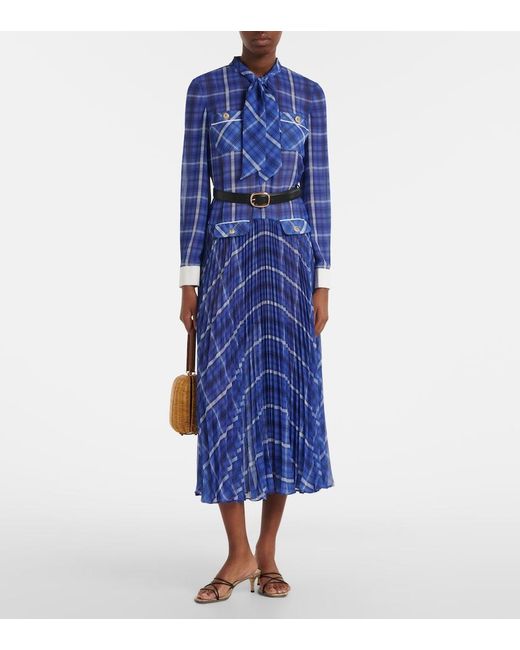 Self-Portrait Blue Belted Checked Chiffon Midi Dress