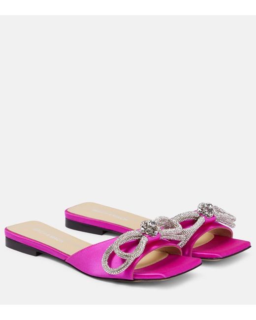 Mach & Mach Pink Double Bow Embellished Satin Mules