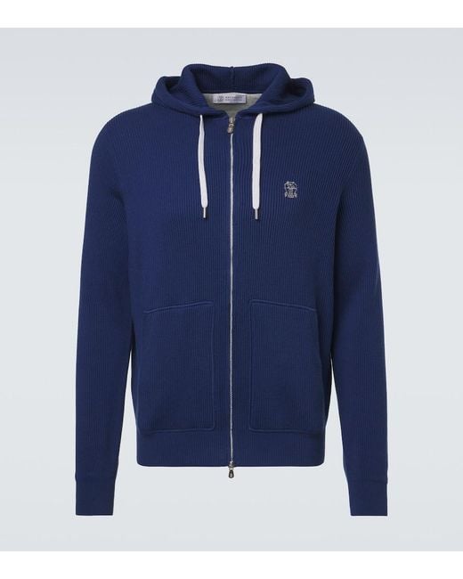 Brunello Cucinelli Blue Ribbed-Knit Cotton Zip-Up Hoodie for men
