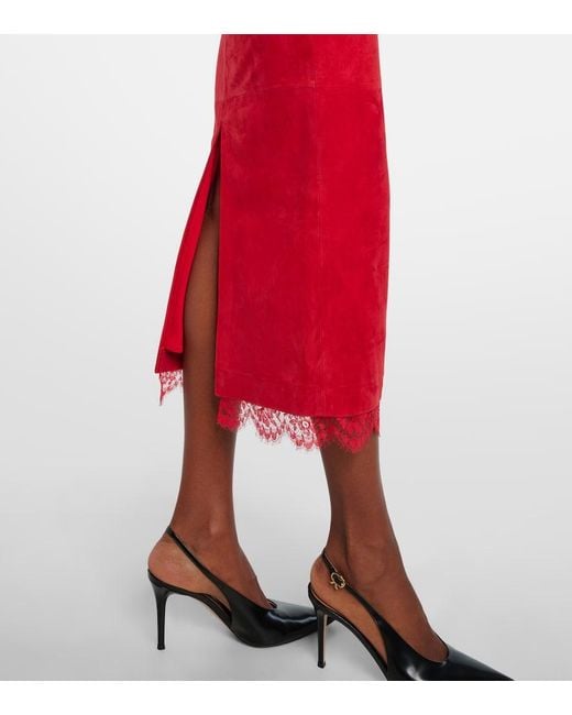 Alex Perry Red Lace-Trimmed Suede Midi Dress