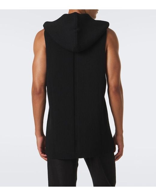 Rick Owens Black Hooded Ribbed-Knit Virgin Wool Tank Top for men