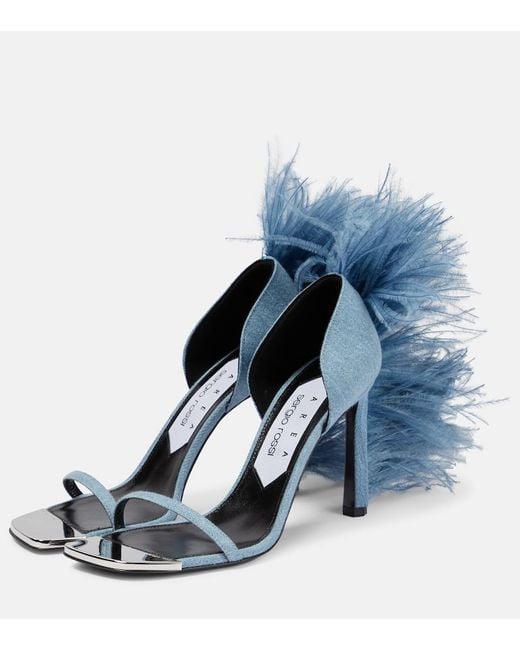 Area Blue X Sergio Rossi Amazona Feather-Trimmed Denim Sandals
