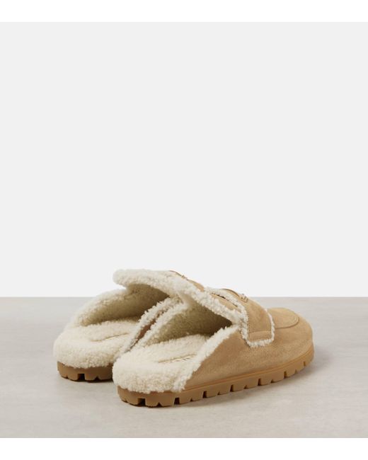 Prada Natural Shearling-Lined Suede Mules