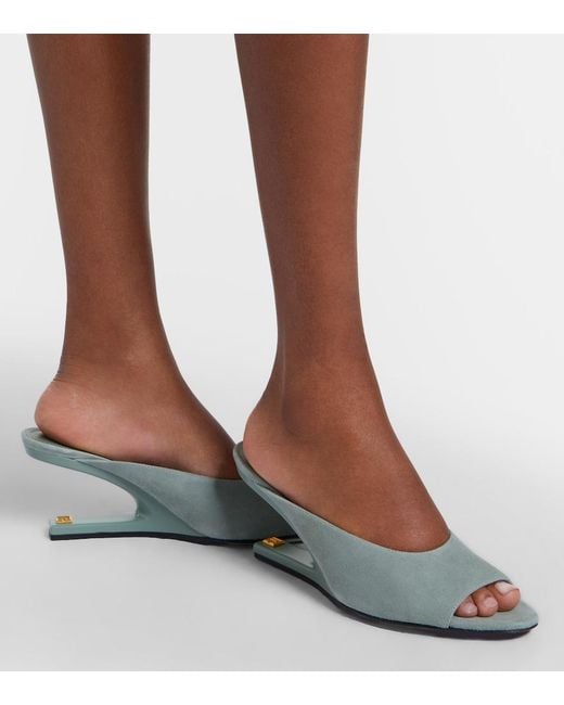 Balmain Green Suede Cutout Wedge Mules