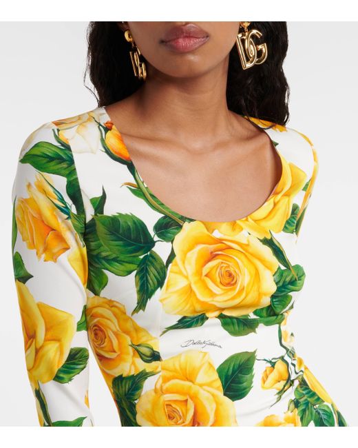 Robe midi en soie melangee a fleurs Dolce & Gabbana en coloris Yellow