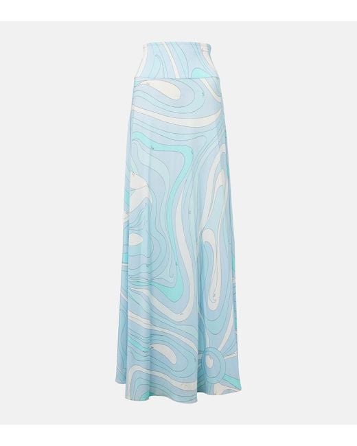 Emilio Pucci Blue Marmo High-Rise Satin Jersey Maxi Skirt