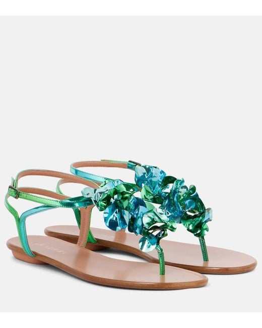 Aquazzura Blue Summer Sun Metallic Leather Thong Sandals