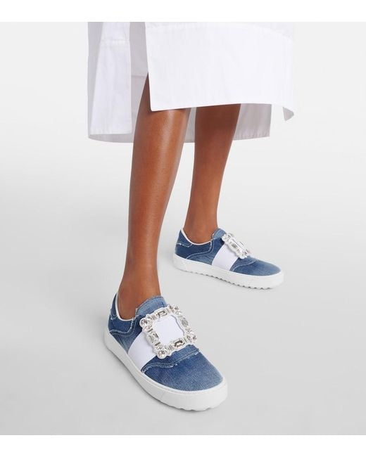 Roger Vivier Blue Very Vivier Fringed Denim Sneakers