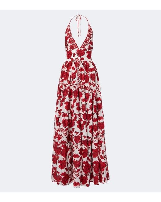 Alexandra Miro Red Clover Floral Cotton And Silk Maxi Dress