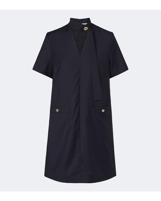 Moncler Blue Tie-Neck Virgin Wool Minidress