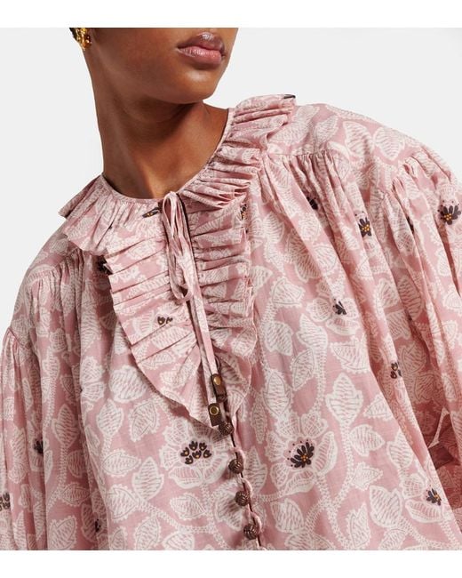 Zimmermann Pink Ottie Ruffled Floral Cotton Top