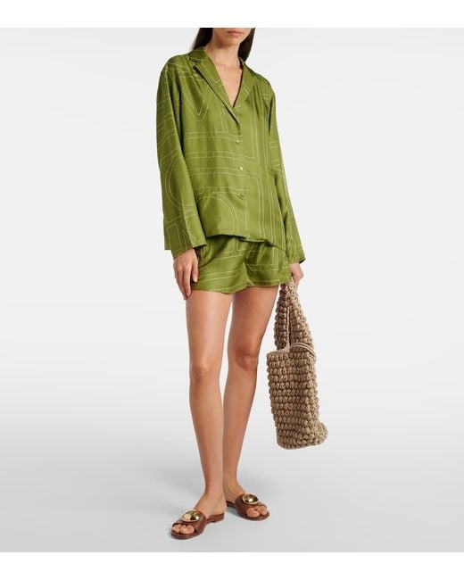 Totême  Green Monogram Silk Satin Pajama Shorts