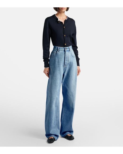 Bottega Veneta Blue Intrecciato Leather-Trimmed Wide-Leg Jeans