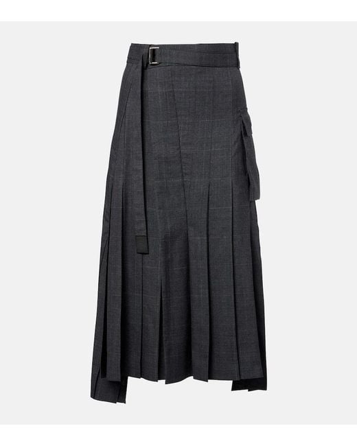 Sacai Black Prince Of Wales Check Wool Midi Skirt