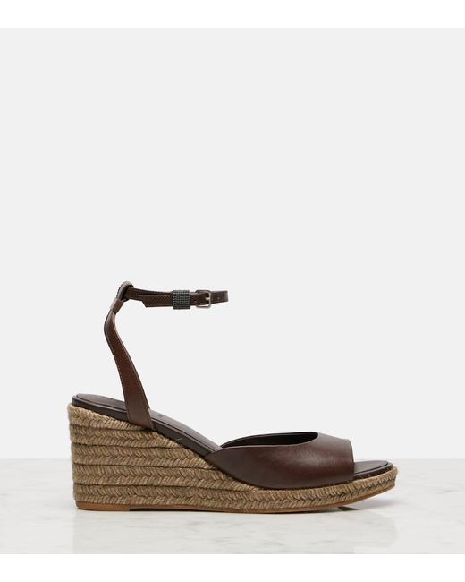 Brunello Cucinelli Brown Bead-Embellished Leather Wedge Espadrilles