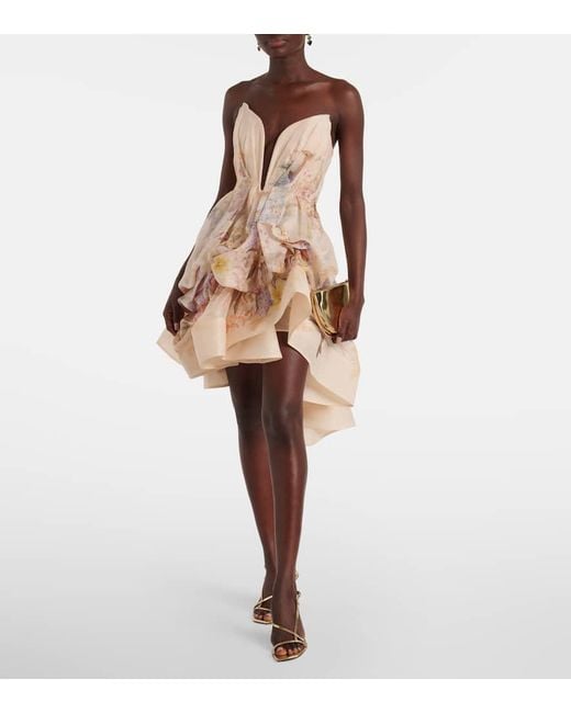 Zimmermann Natural Illuminate Draped Linen And Silk Minidress