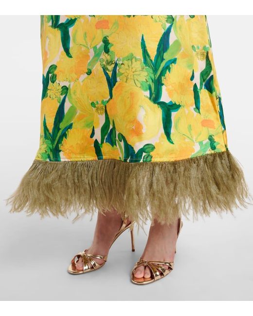 LaDoubleJ Green Maxikleid Swing Aus Seide Mit Federn