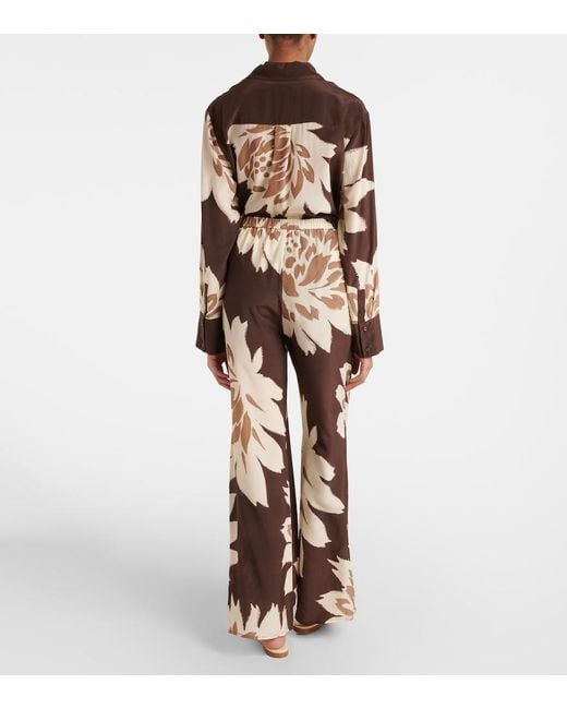 Sir Brown Floral Silk Satin Wide-Leg Pants