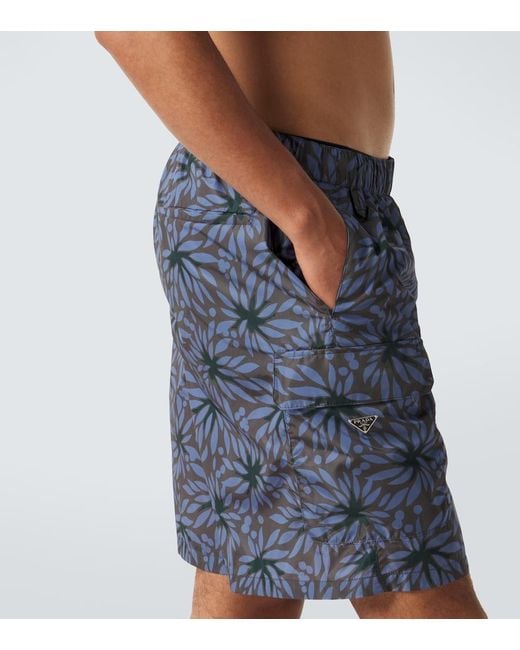 Prada Blue Re-Nylon Floral Swim Trunks for men
