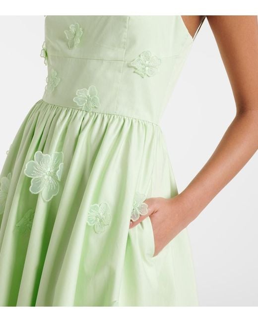 Self-Portrait Green Floral-Applique Cotton Poplin Midi Dress