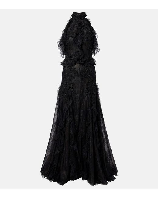Costarellos Black Halterneck Lace Gown