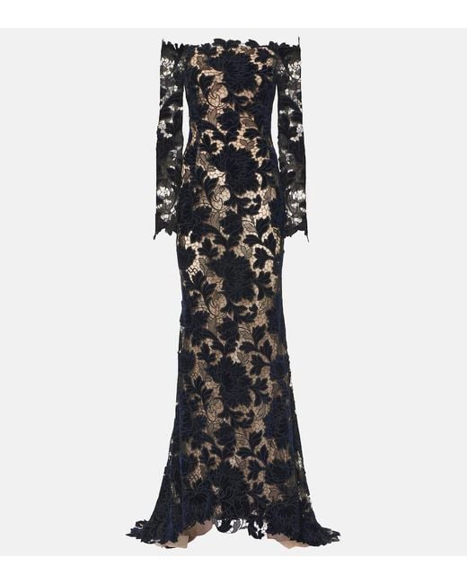 Oscar de la Renta Black Off-Shoulder Velvet Guipure Gown