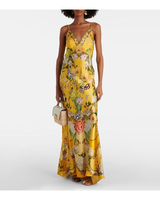 Robe En Satin De Soie A Fleurs Camilla en coloris Metallic