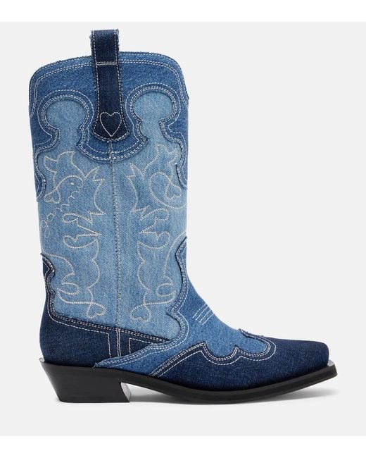 Ganni Blue Denim Cowboy Boots