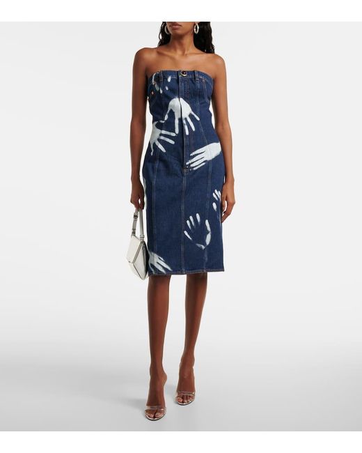 Abito Midi Di Jeans Con Stampa di Area in Blue