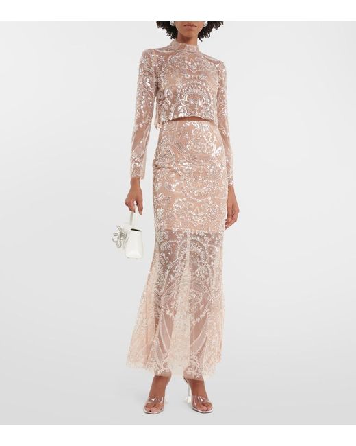 Self-Portrait Natural Embellished Flared Maxi Skirt