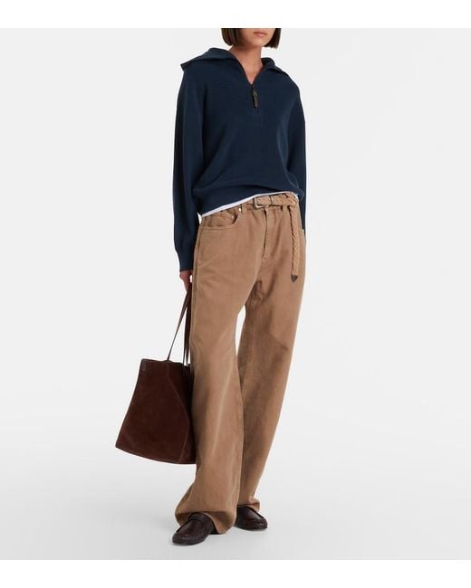Brunello Cucinelli Blue Monili Cotton Half-Zip Sweater