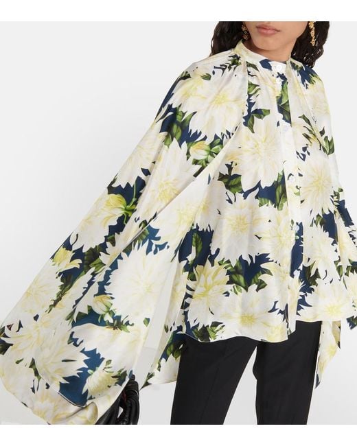 Oscar de la Renta Green Floral Cotton-Blend Blouse