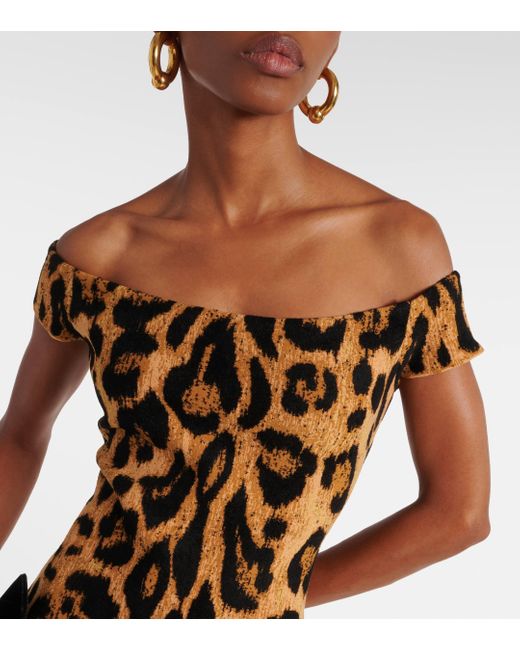 Oscar de la Renta Metallic Leopard-Print Off-Shoulder Midi Dress