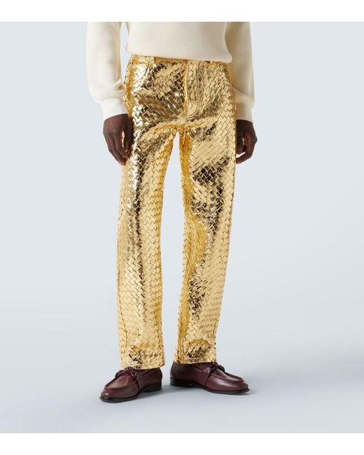 Bottega Veneta Yellow Intrecciato Metallic Leather Straight Pants for men