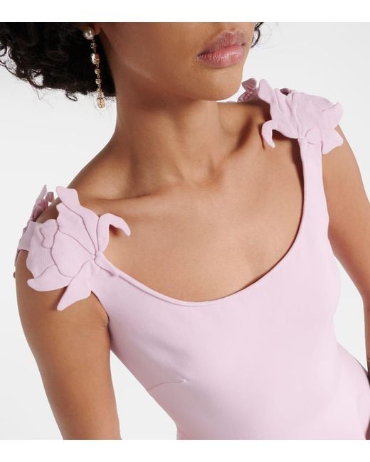 Vestido midi de lana y seda con aplique floral Valentino de color Pink