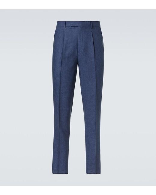 Zegna Blue Linen Slim Pants for men