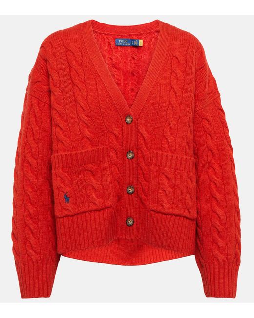Cardigan in lana e cashmere a trecce di Polo Ralph Lauren in Red