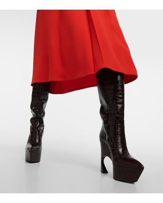 Victoria Beckham Black Croc-effect Leather Platform Knee-high Boots