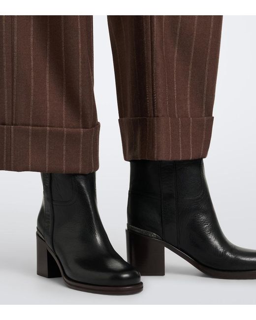 Brunello Cucinelli Black Monili Leather Ankle Boots