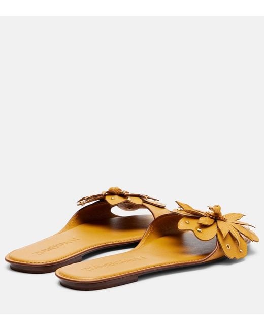 Zimmermann Natural Brightside Floral-Applique Leather Sandals