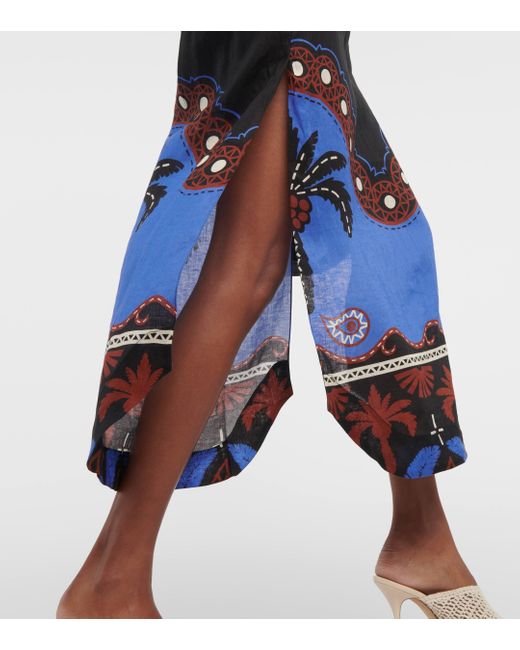 Johanna Ortiz Blue Printed Linen Midi Skirt