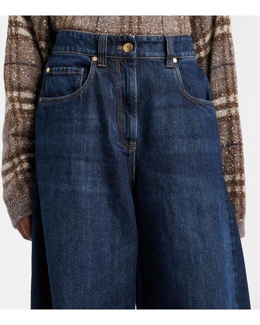 Brunello Cucinelli Blue Leather-Trimmed Barrel-Leg Jeans